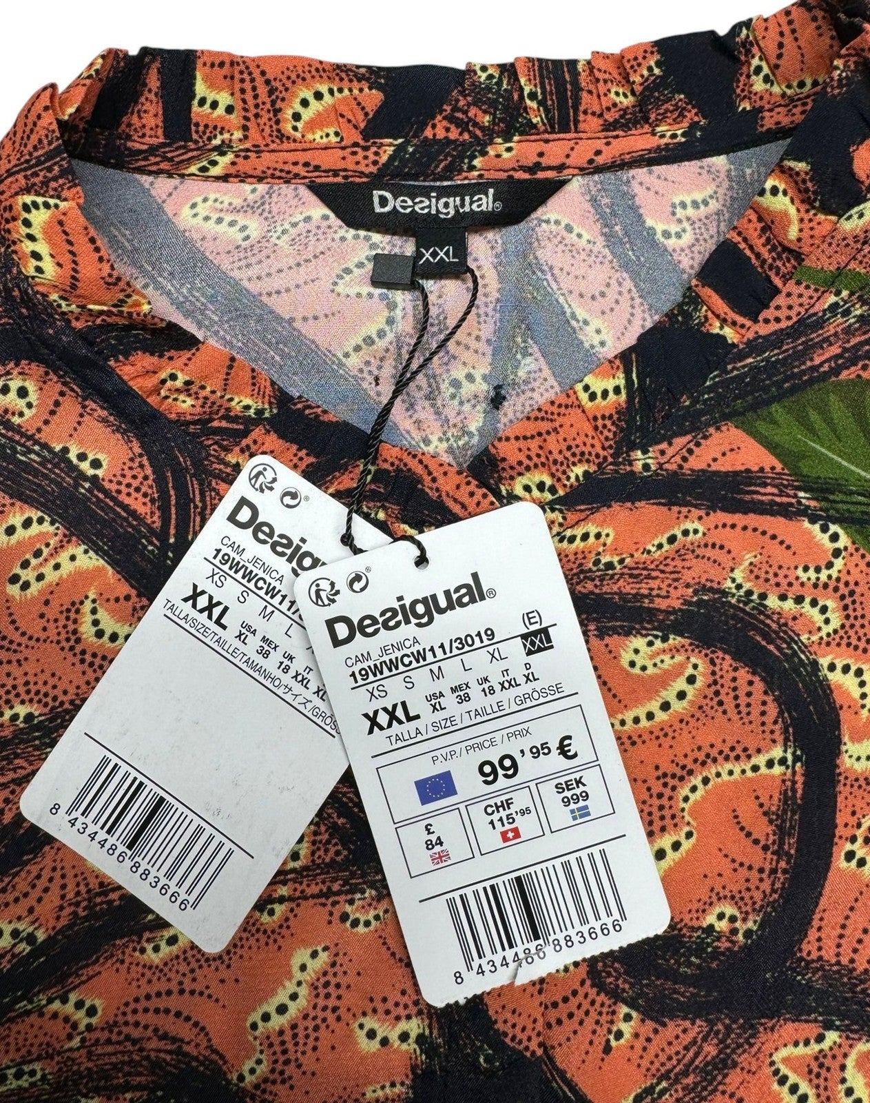 DESIGUAL Jenica Women Blouse 2XL Colourful Ethnic Print Roll-Tab 3/4 Sleeve