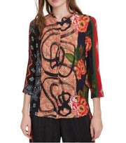 DESIGUAL Jenica Women Blouse XL Colourful Ethnic Print Roll-Up 3/4 Sleeve