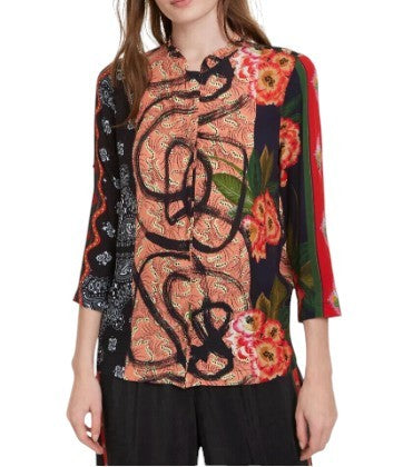 DESIGUAL Jenica Women Blouse XL Colourful Ethnic Print Roll-Up 3/4 Sleeve