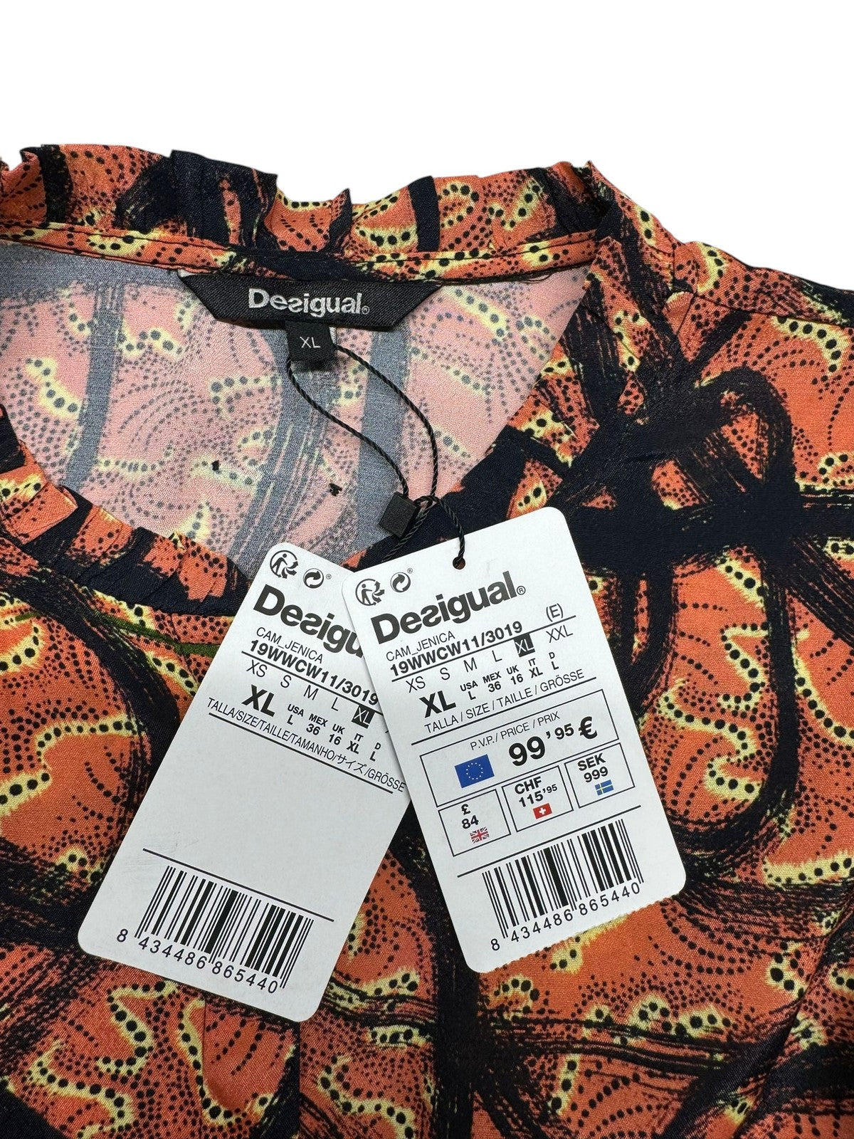 DESIGUAL Jenica Women Blouse XL Colourful Ethnic Print Roll-Up 3/4 Sleeve