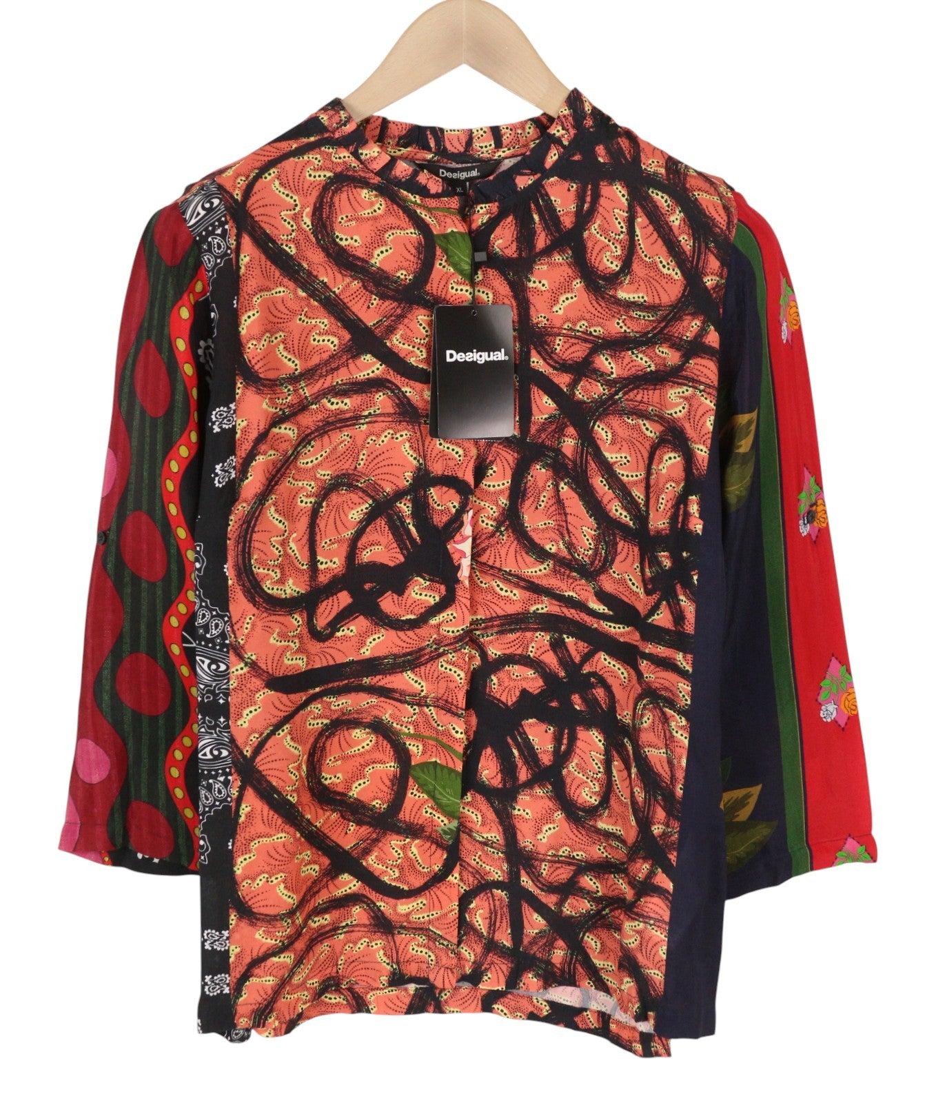 DESIGUAL Jenica Women Blouse XL Colourful Ethnic Print Roll-Up 3/4 Sleeve