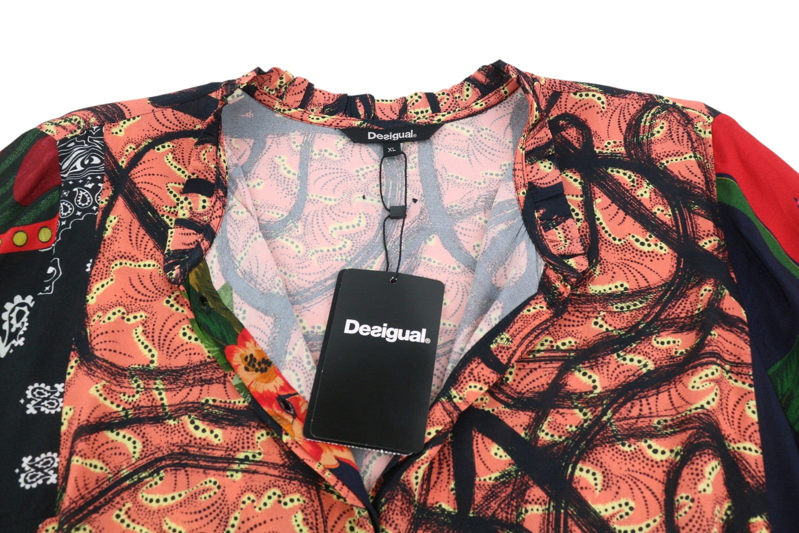 DESIGUAL Jenica Women Blouse XL Colourful Ethnic Print Roll-Up 3/4 Sleeve