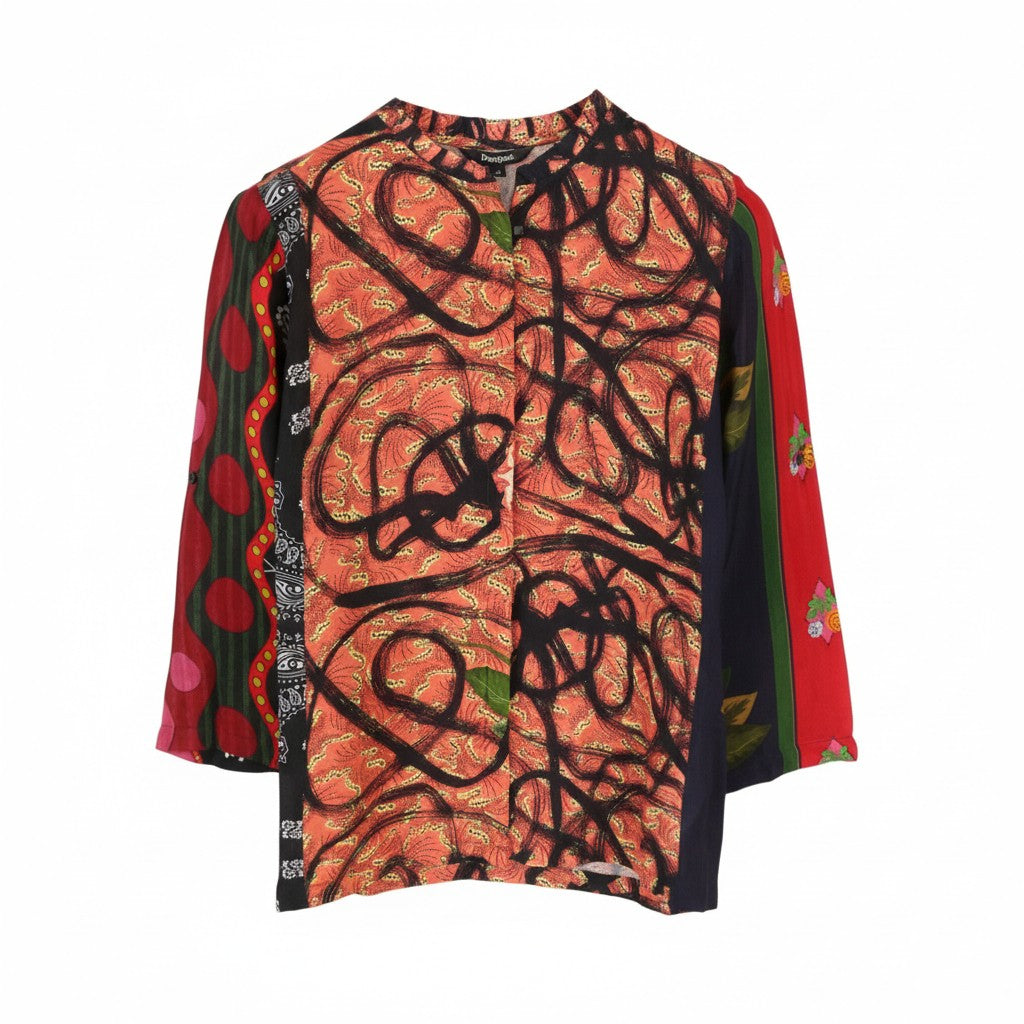 DESIGUAL Jenica Women Blouse 2XL Colourful Ethnic Button Roll-Tab 3/4 Sleeve
