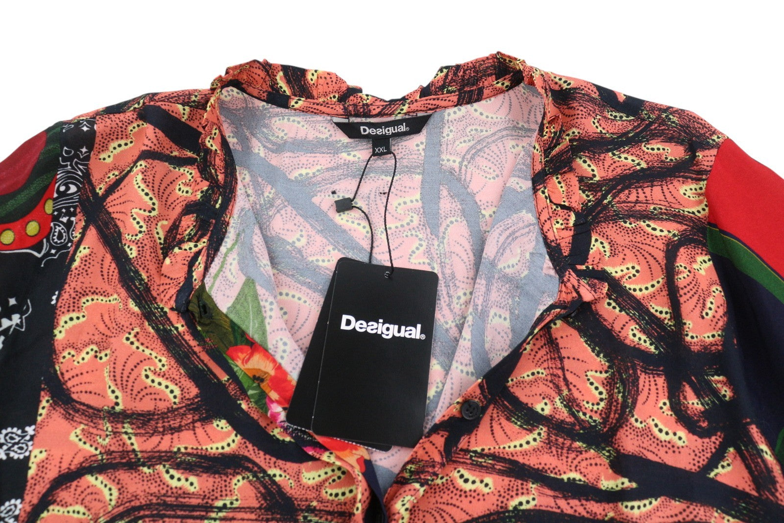 DESIGUAL Jenica Women Blouse 2XL Colourful Ethnic Button Roll-Tab 3/4 Sleeve