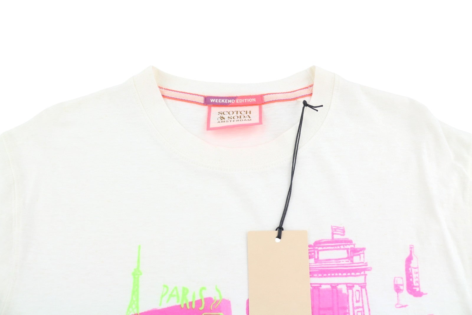 SCOTCH & SODA Men T-Shirt M White Country Name Print Linen Blend Short Sleeve