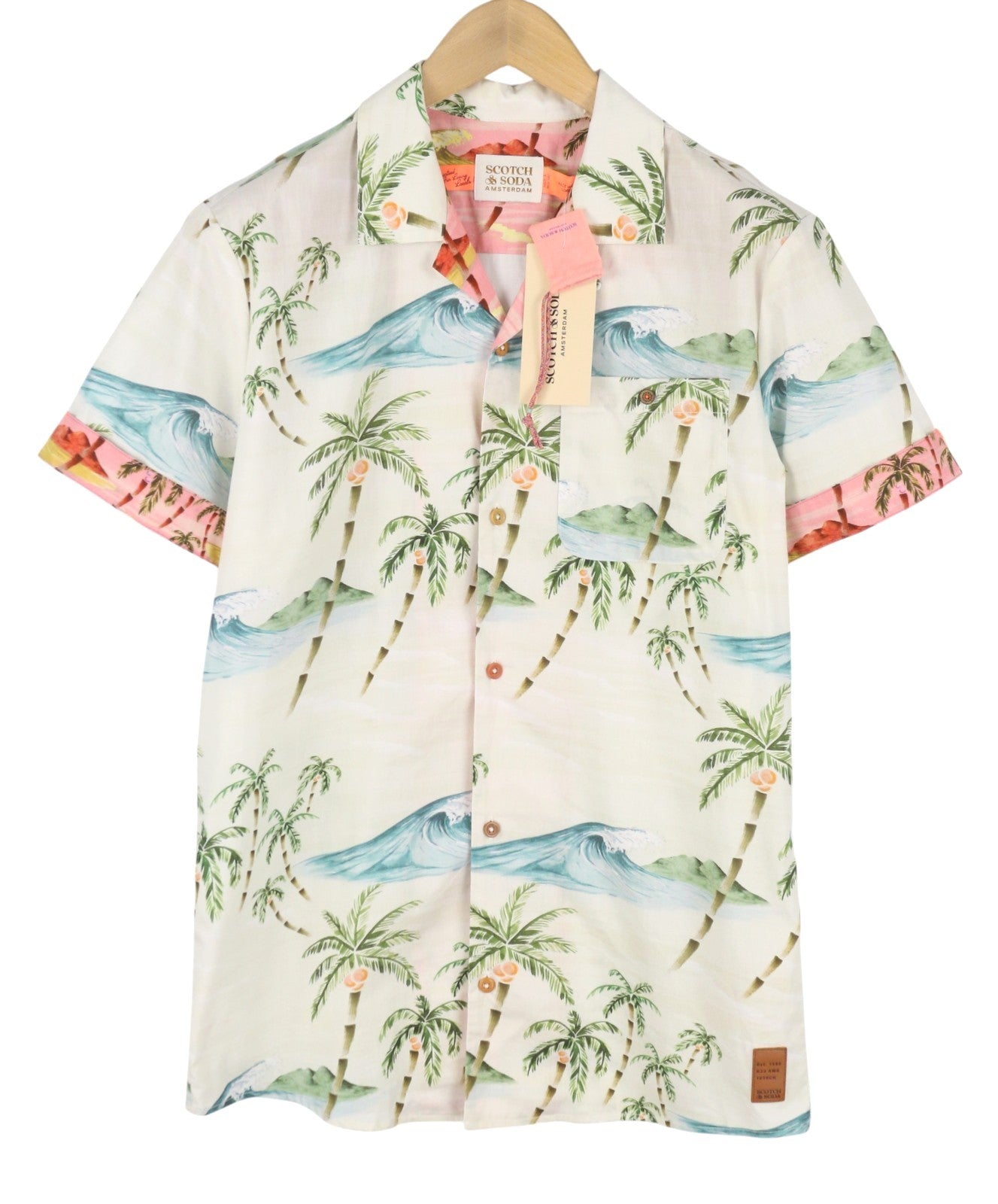 SCOTCH & SODA Men Shirt M Beige Palm Tree Printed Button Up Short Sleeve