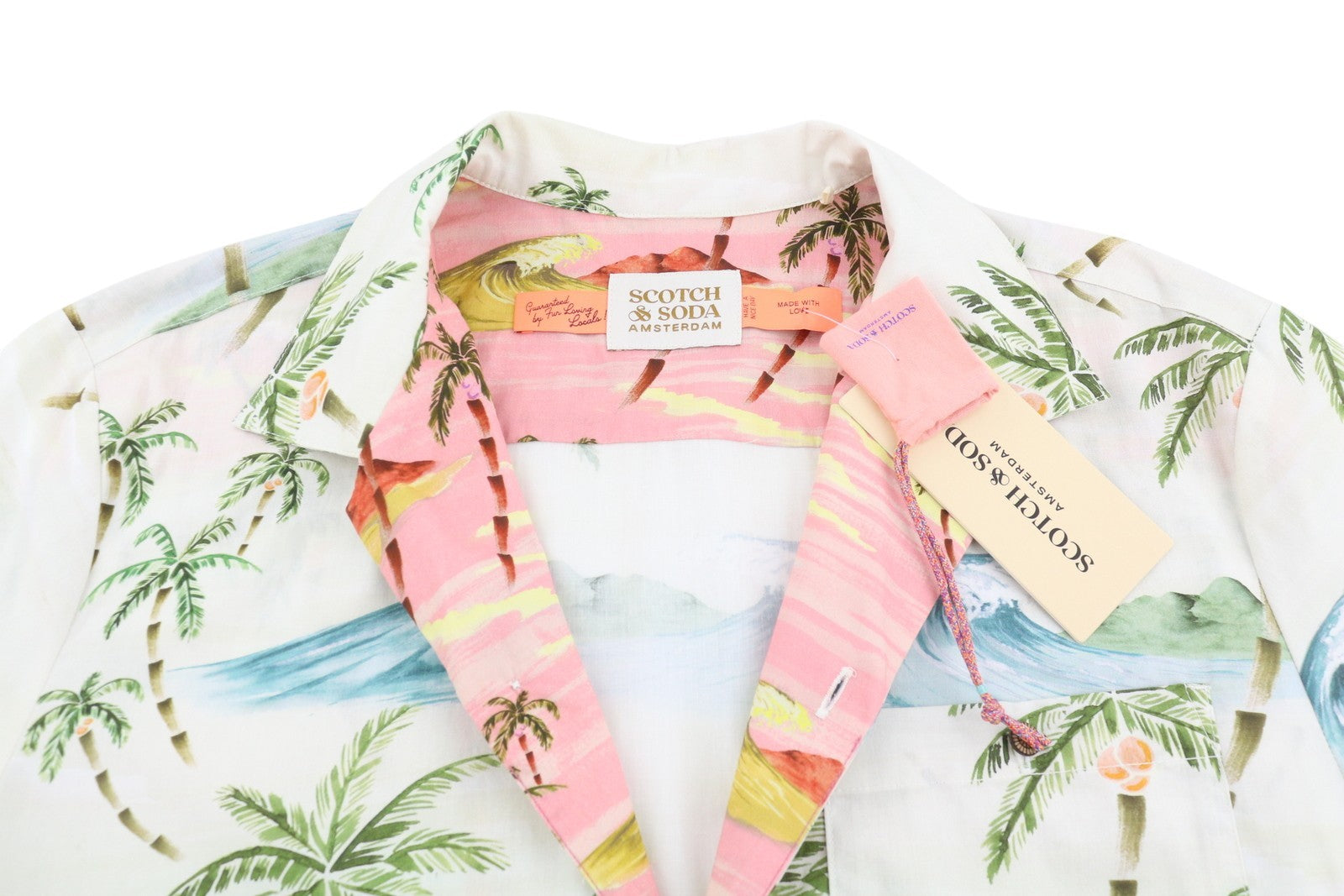 SCOTCH & SODA Men Shirt M Beige Palm Tree Printed Button Up Short Sleeve