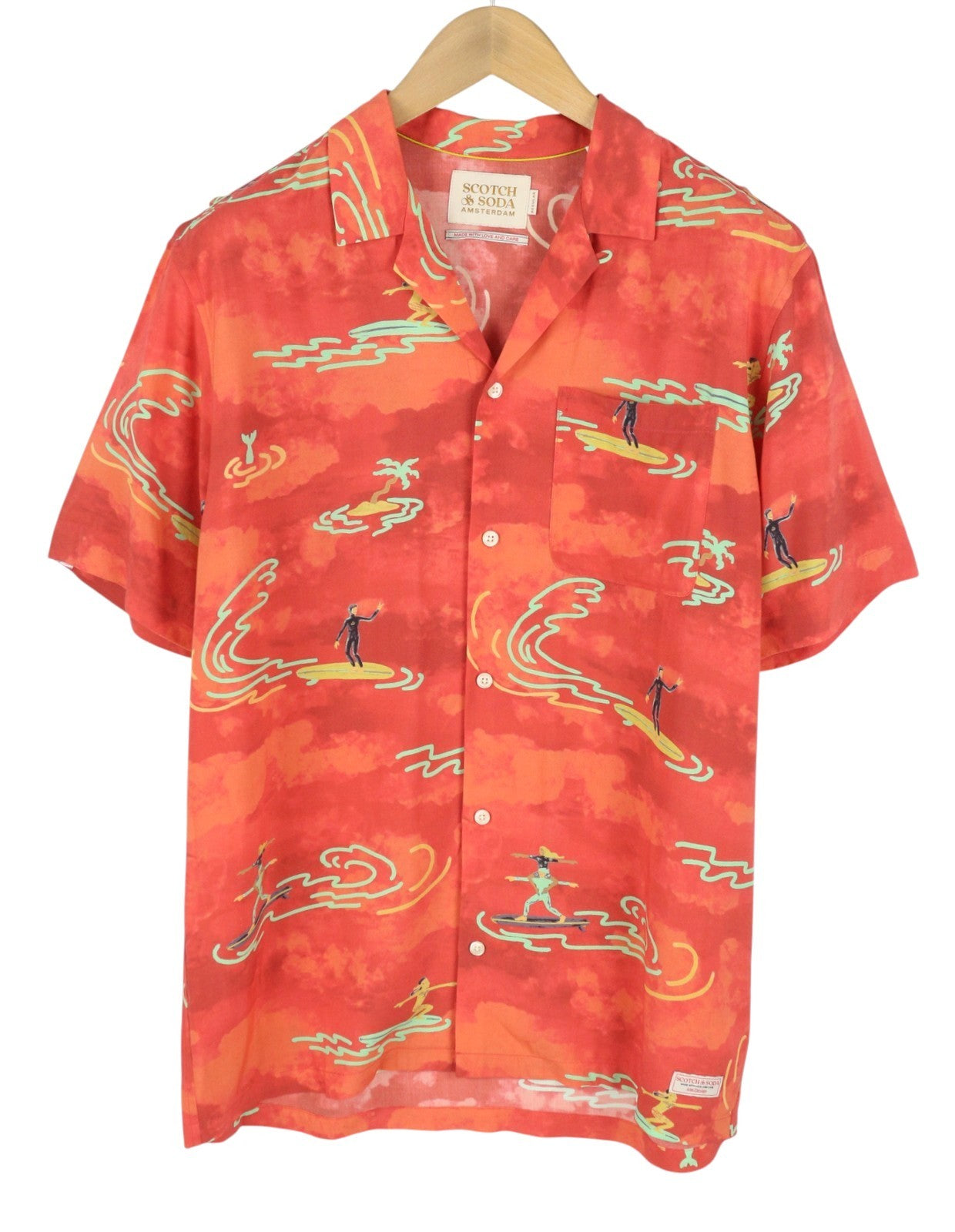 SCOTCH & SODA Men Shirt M Orange Allover Printed Viscose Short Sleeved