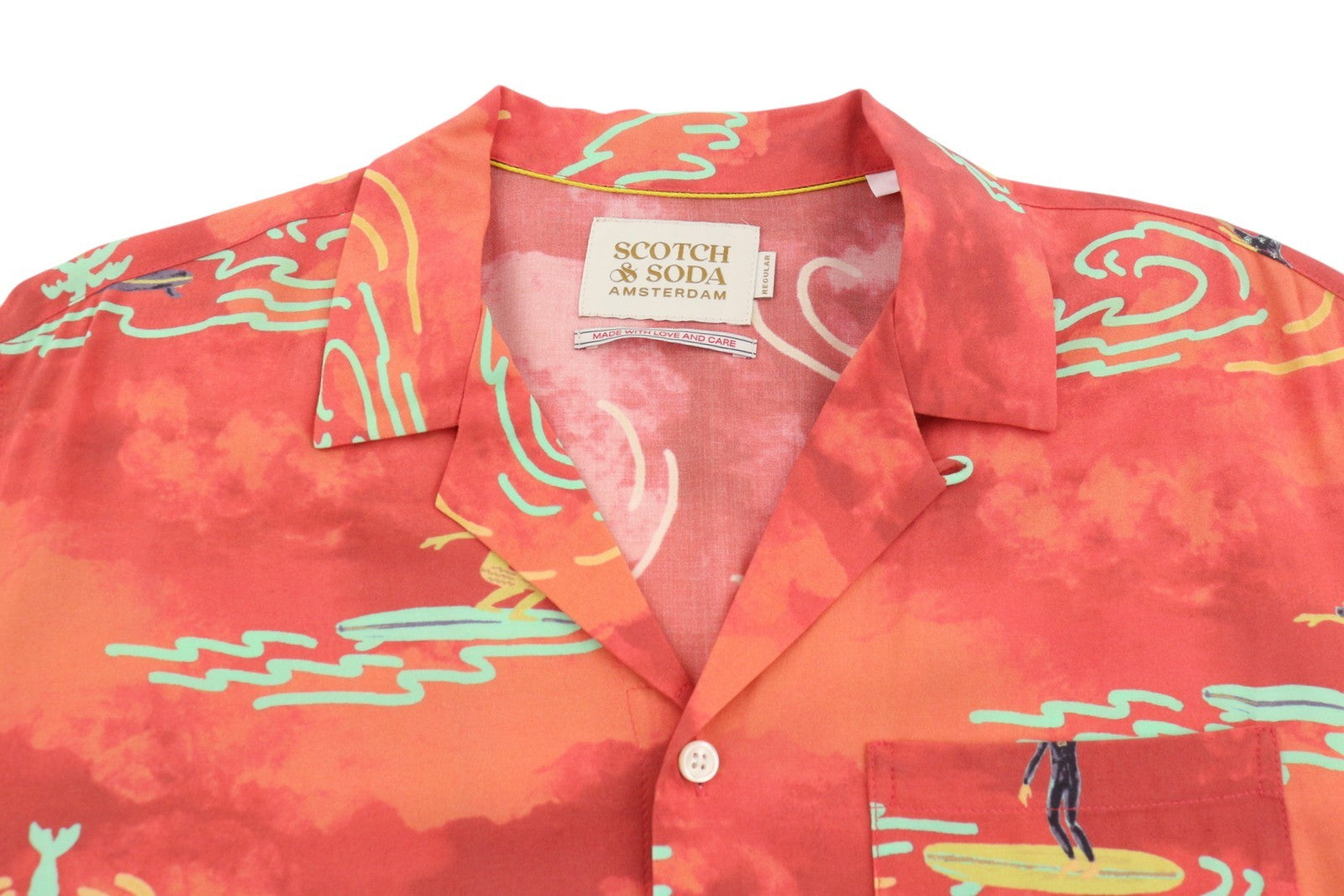 SCOTCH & SODA Men Shirt M Orange Allover Printed Viscose Short Sleeved