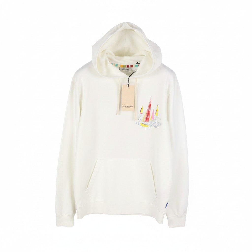 SCOTCH & SODA Men Hoodie L White Patterned Kangaroo Pocket Long Sleeve Pull On