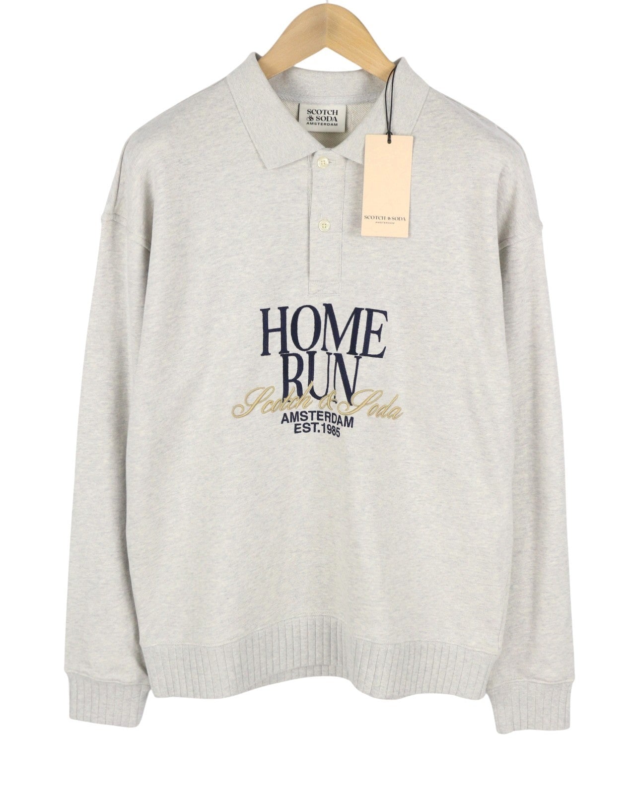 SCOTCH & SODA Men Sweatshirt L Grey Melange Polo Half Button Collar Pull On