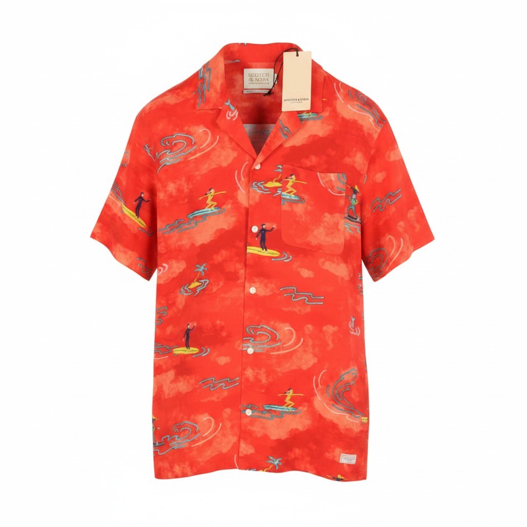 SCOTCH & SODA Men Shirt M Red Allover Printed Viscose Short Sleeved