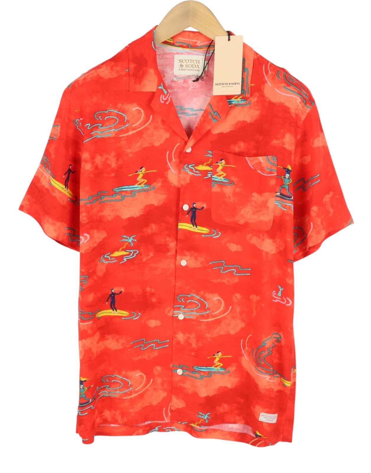 SCOTCH & SODA Men Shirt M Red Allover Printed Viscose Short Sleeved