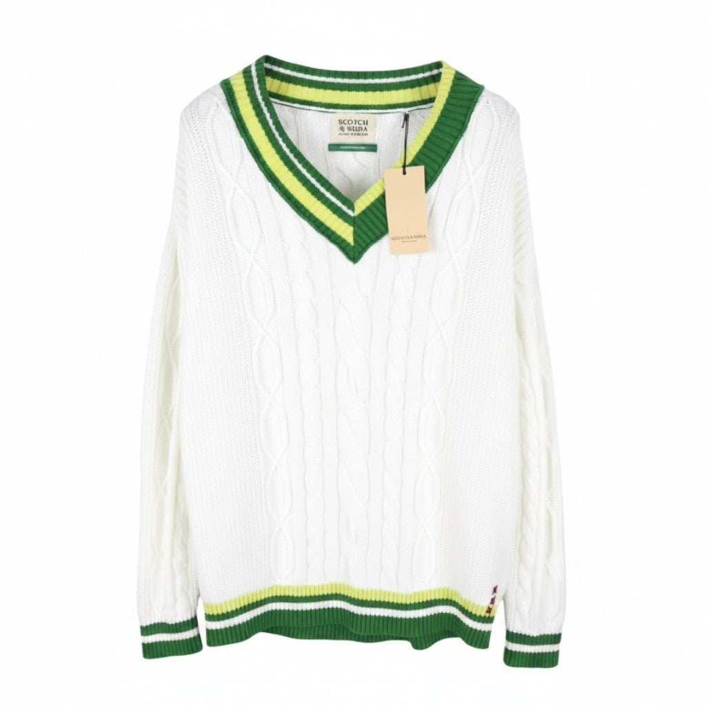 SCOTCH & SODA Men Jumper L White Oversized Cable Knit V-Neck Pull On
