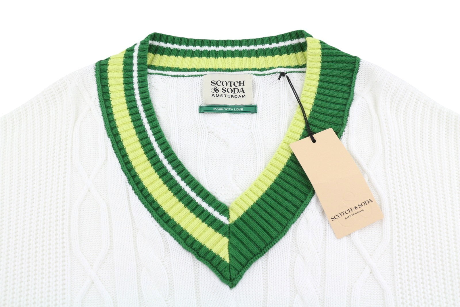 SCOTCH & SODA Men Jumper L White Oversized Cable Knit V-Neck Pull On