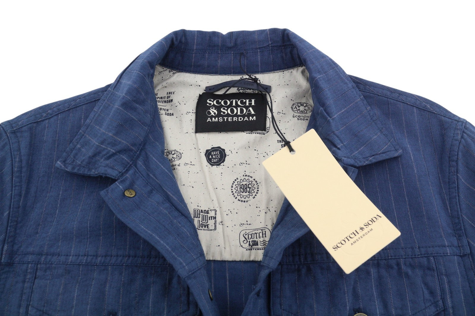 SCOTCH & SODA Men Jacket M Blue Pinstriped Spread Button Up Lightweight Trucker