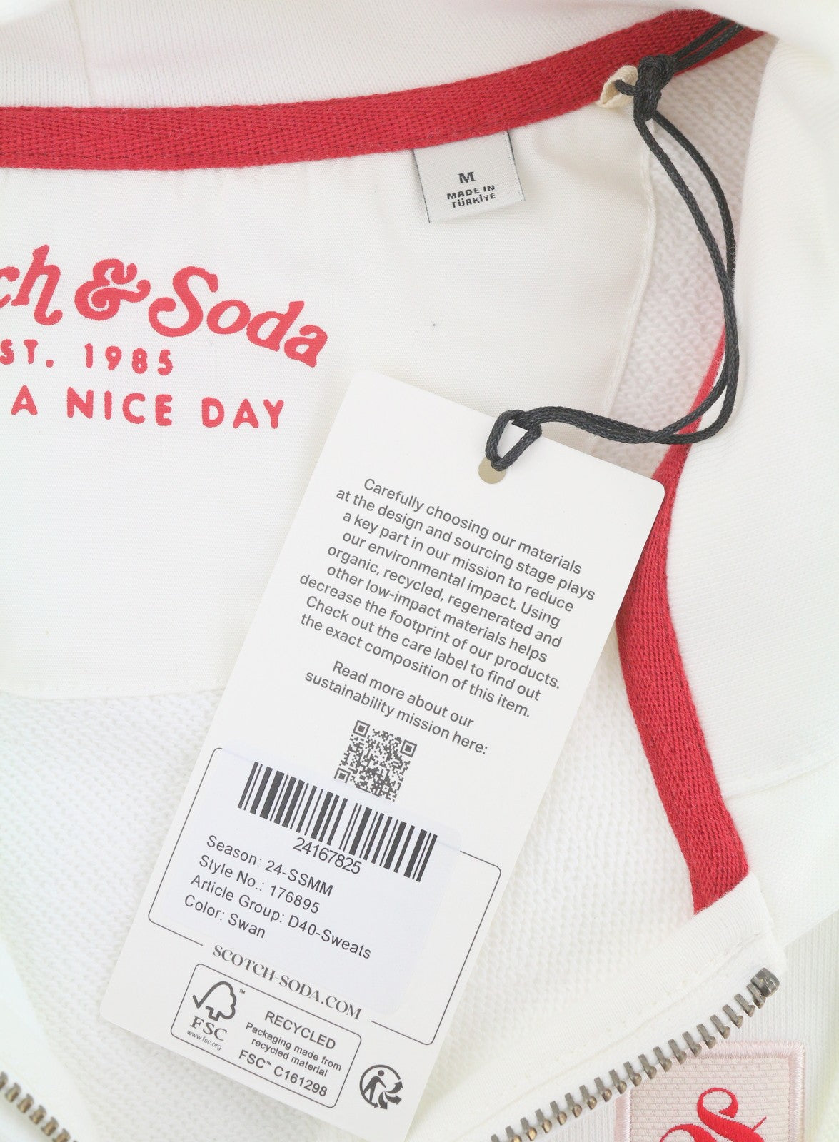 SCOTCH & SODA Men Hoodie M White Organic Cotton Pockets Hooded Full Zip