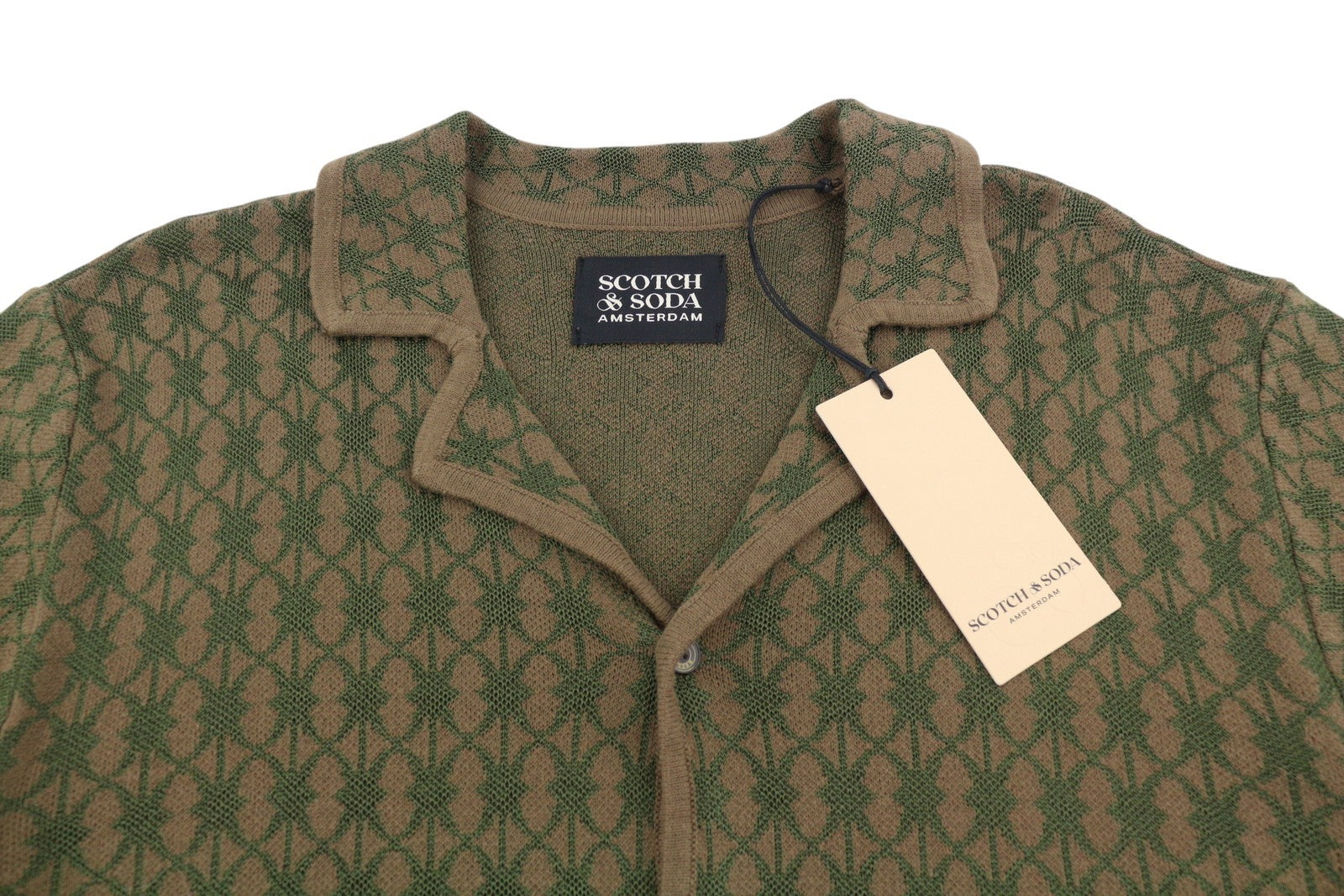 SCOTCH & SODA Men Shirt M Brown Patterned Jacquard Knit Button Up Short Sleeve