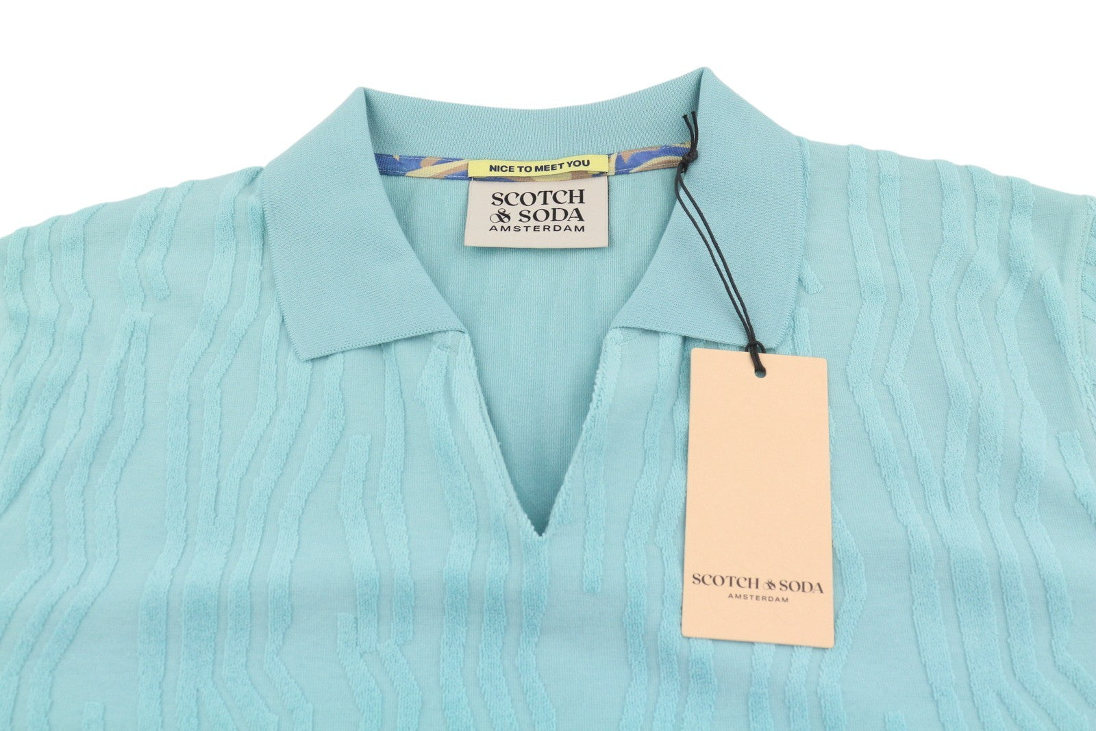 SCOTCH & SODA Men Polos M Blue Jacquard Cotton Terry Relaxed Fit Short Sleeve