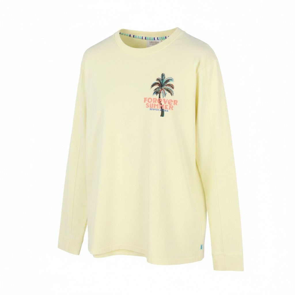 SCOTCH & SODA Men T-Shirt L Yellow Summer Palm Tree Print Crew Neck Long Sleeve