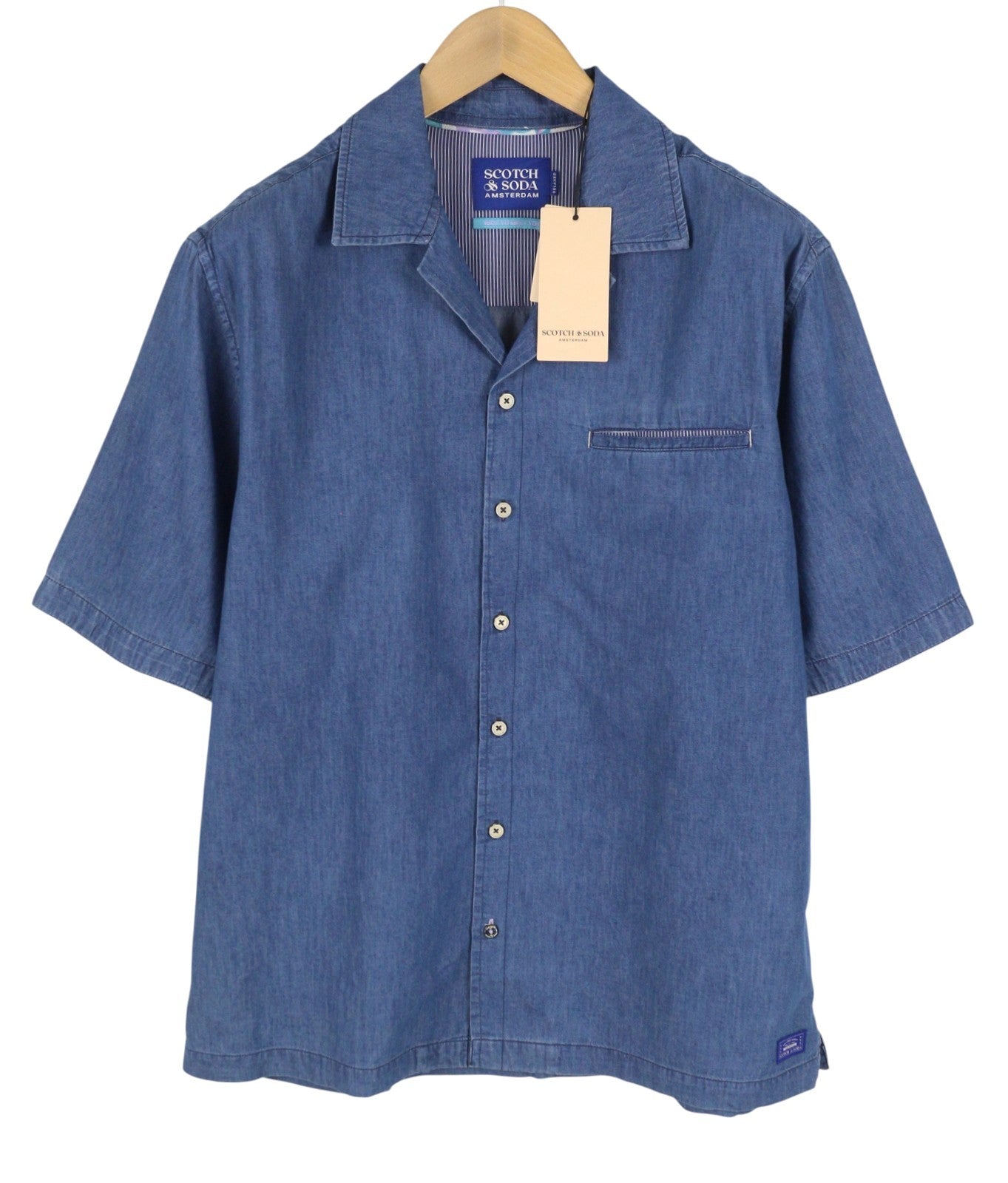 SCOTCH & SODA Men Shirt L Blue Denim Look Relaxed Fit Button Up Short Sleeve