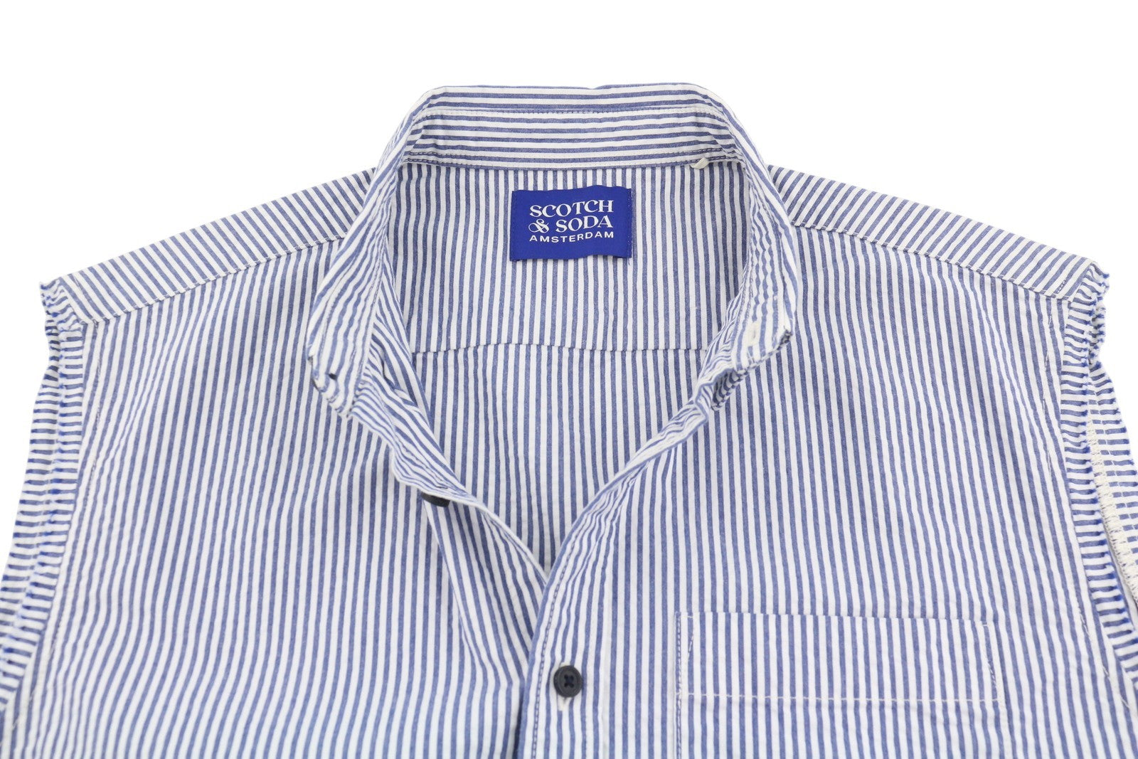 SCOTCH & SODA Men Shirt L Blue Pinstriped Button Up Patch Pocket Sleeveless