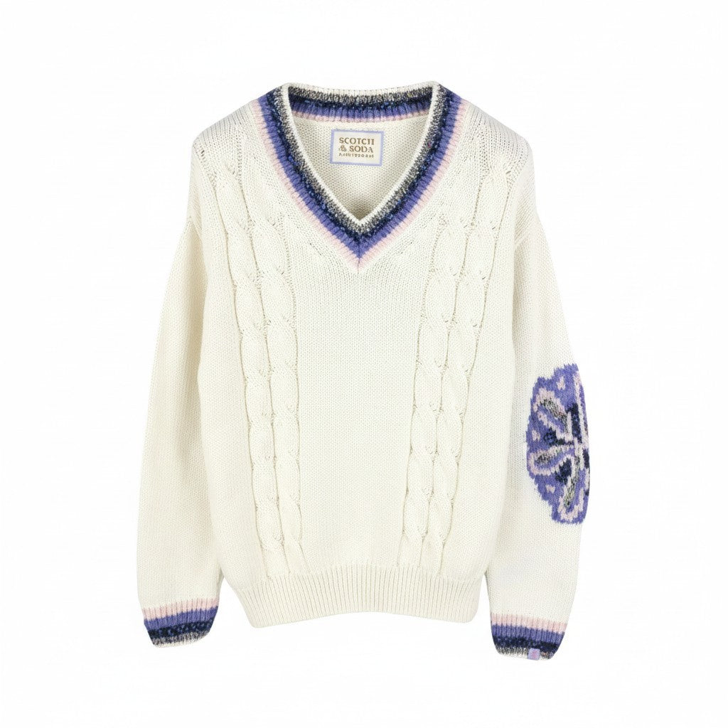 SCOTCH & SODA Men Jumper M White Oversized Cable Knit V-Neck Pull On