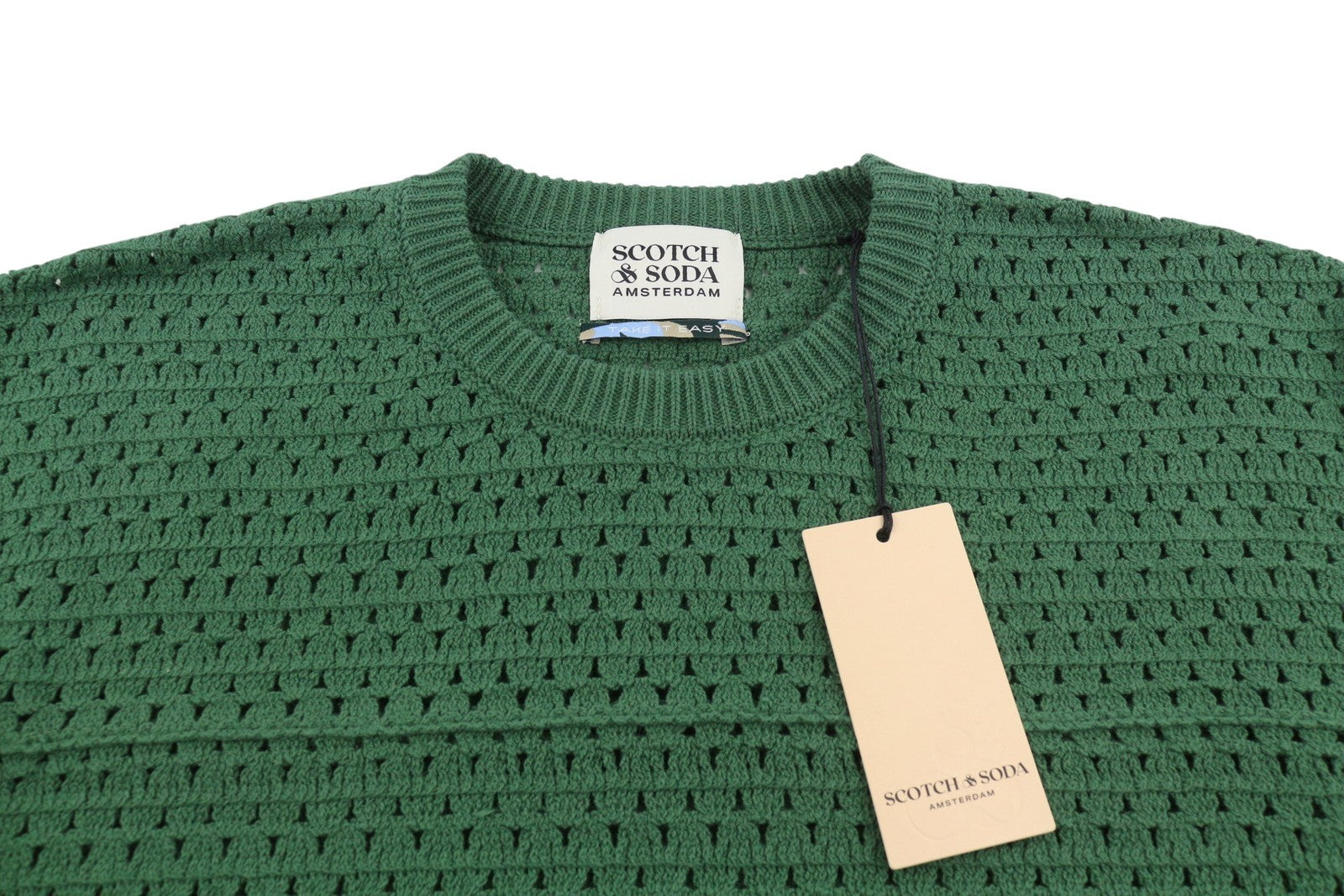 SCOTCH & SODA Men Jumper L Green Open Knit Crew Neck Stretch Pull On