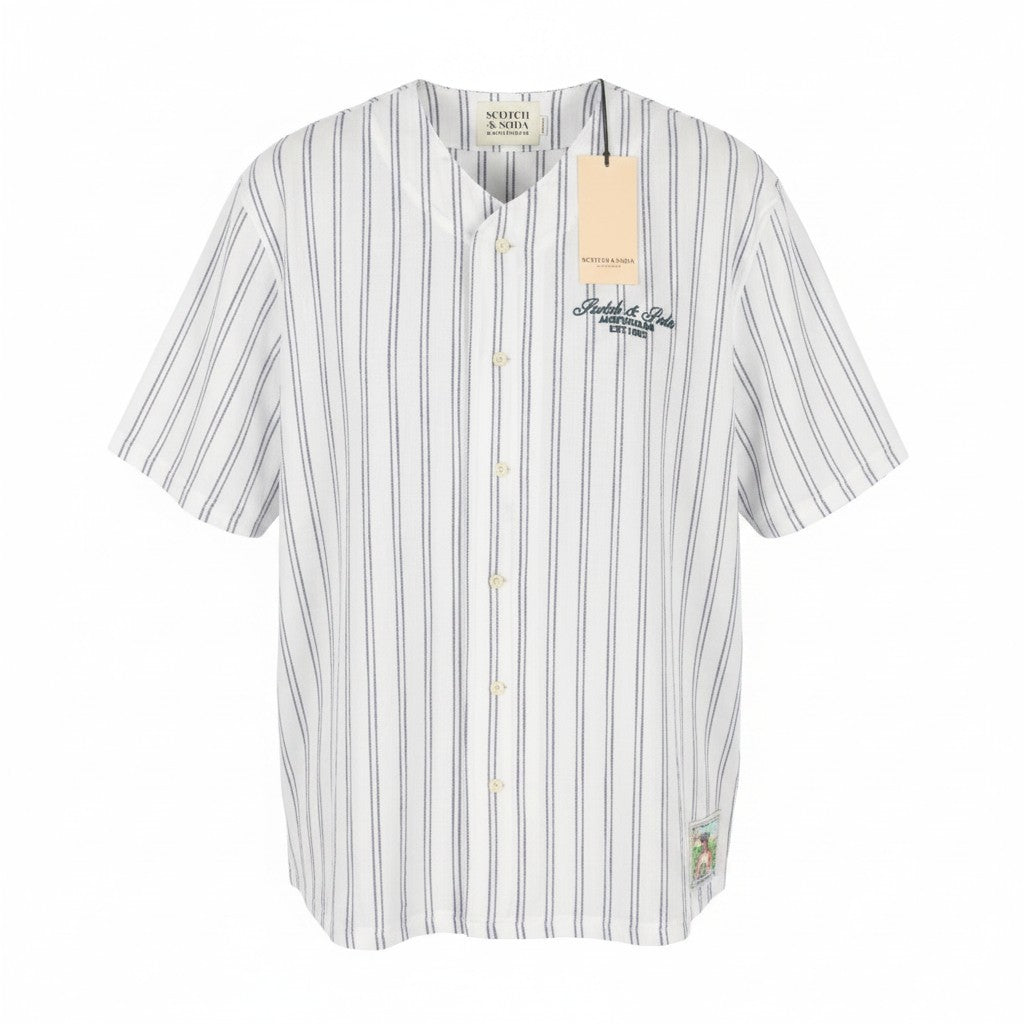 SCOTCH & SODA Men Shirt L White Pinstriped Relaxed Fit Button Up Short Sleeve
