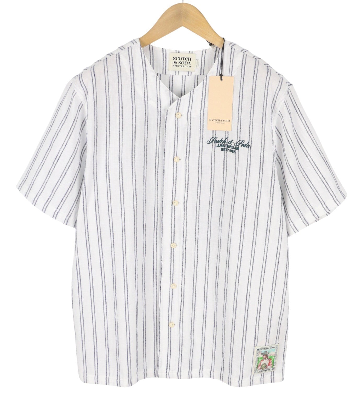 SCOTCH & SODA Men Shirt L White Pinstriped Relaxed Fit Button Up Short Sleeve