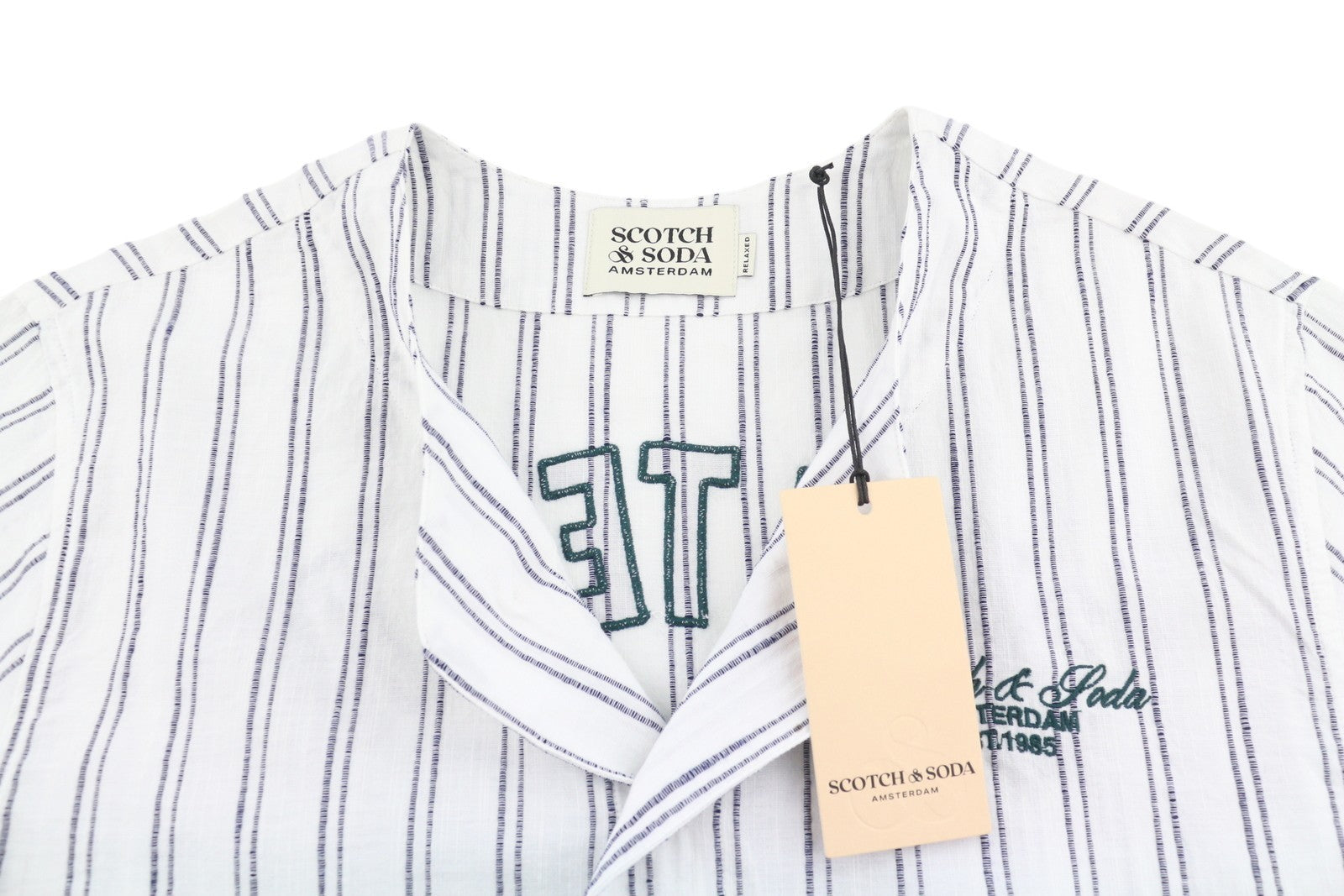 SCOTCH & SODA Men Shirt L White Pinstriped Relaxed Fit Button Up Short Sleeve