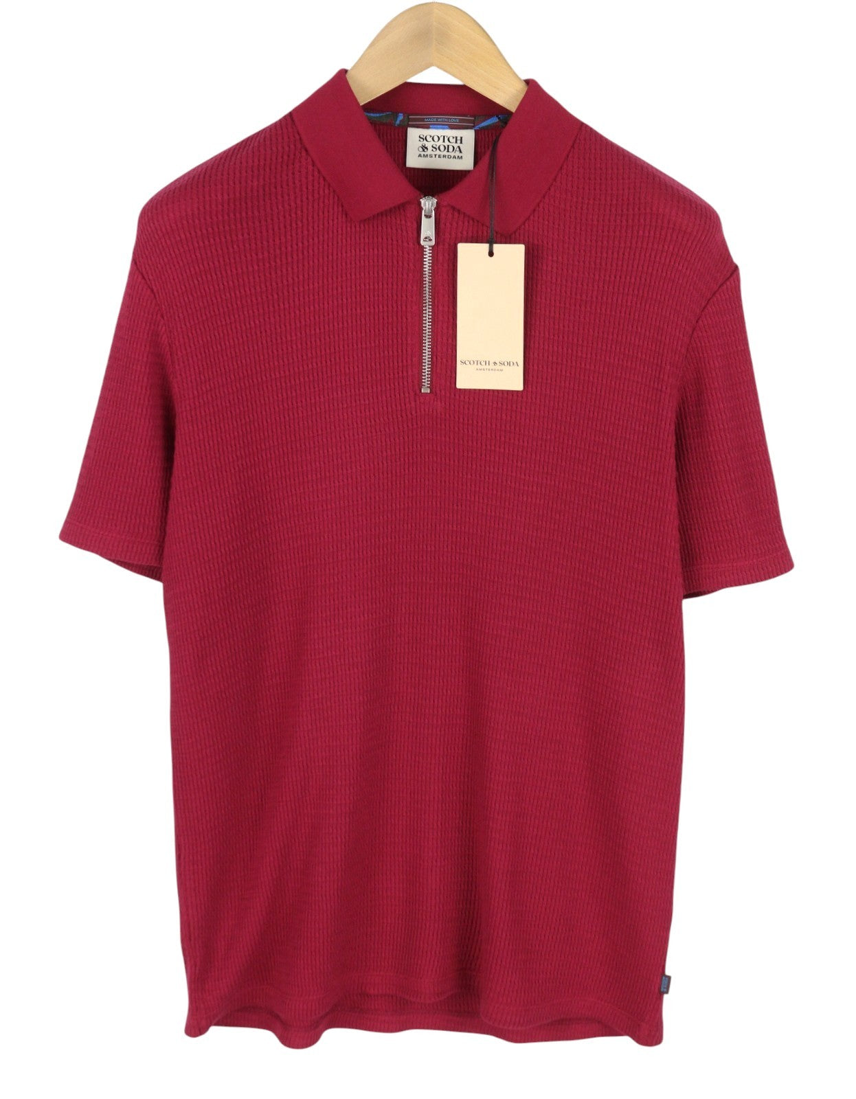 SCOTCH & SODA Men Polos M Cherry Red Knitted Half Zip Short Sleeve