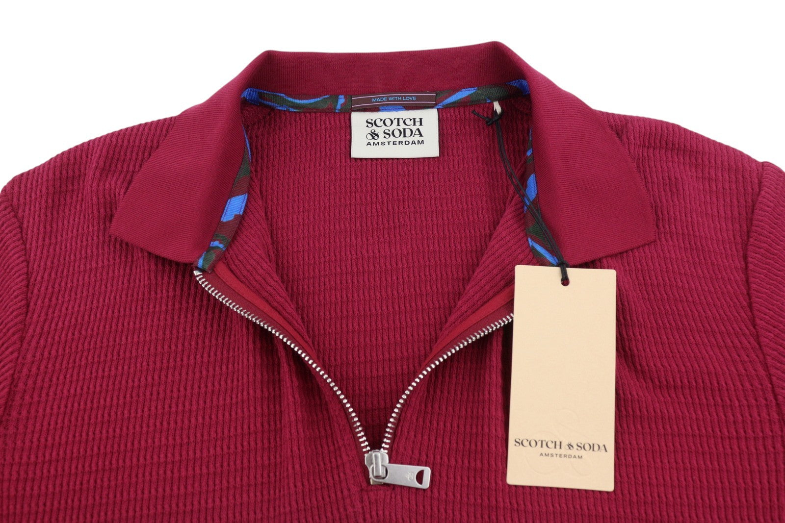 SCOTCH & SODA Men Polos M Cherry Red Knitted Half Zip Short Sleeve