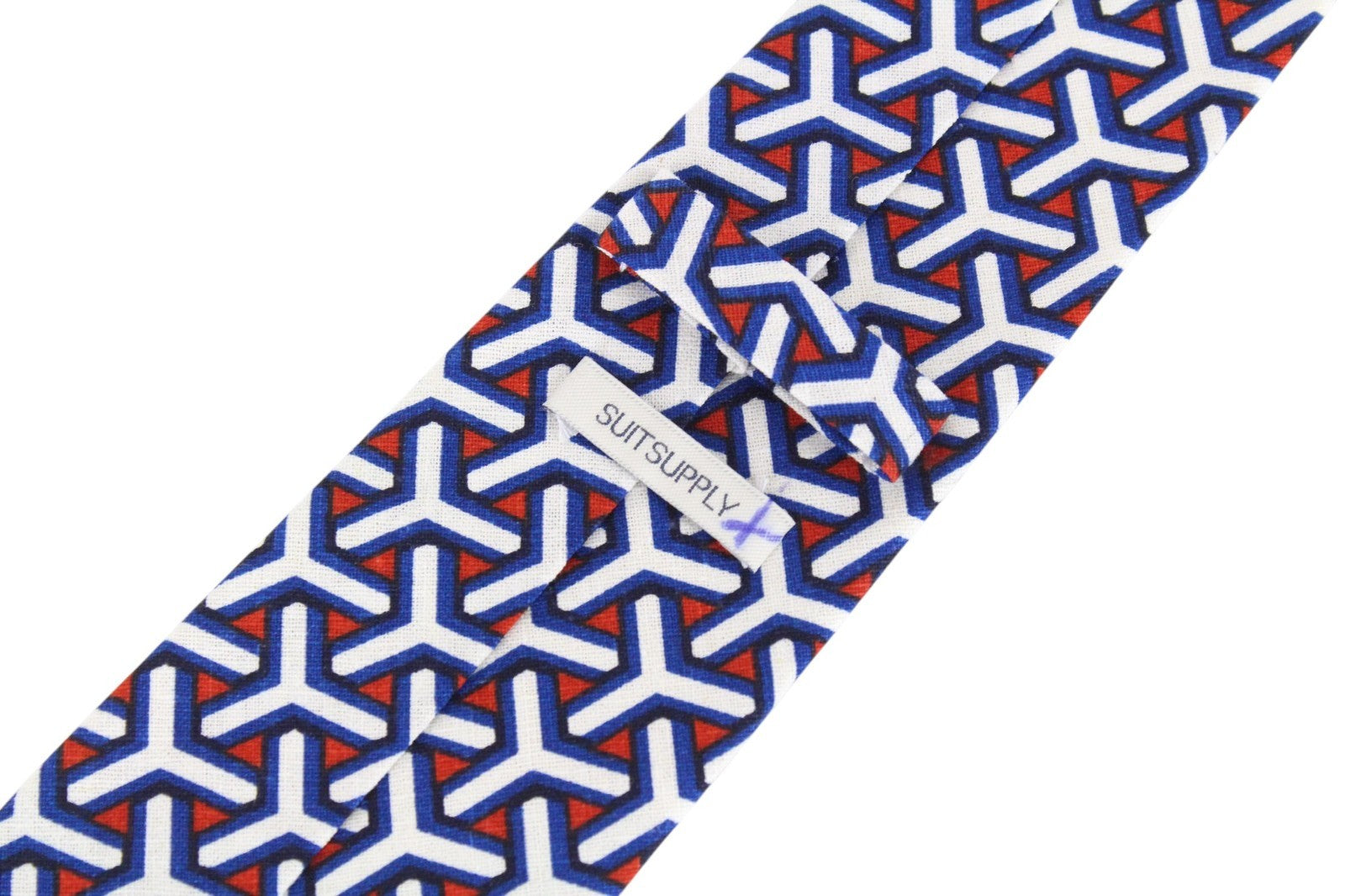 SUITSUPPLY Men Tie 148 x 8 cm Blue White Patterned Pointed-End Linen Cotton
