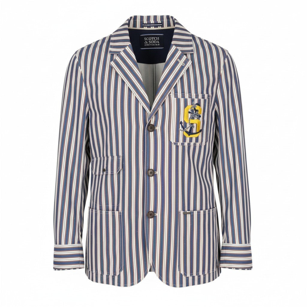 SCOTCH & SODA Men Blazer M Blue Pinstriped Notch Lapel Single Breasted
