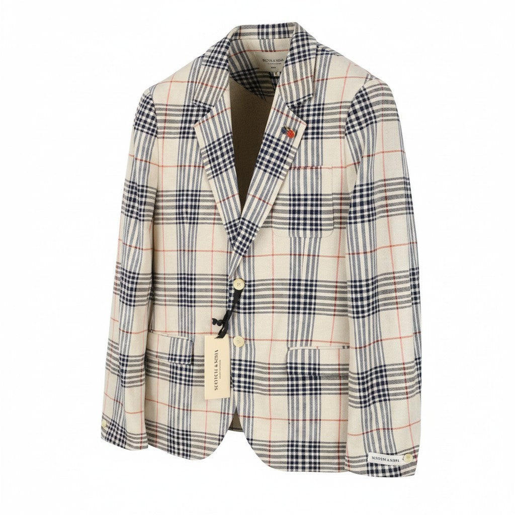 SCOTCH & SODA Men Blazer M Beige Plaid Half Lined Notch Lapel Single Breasted
