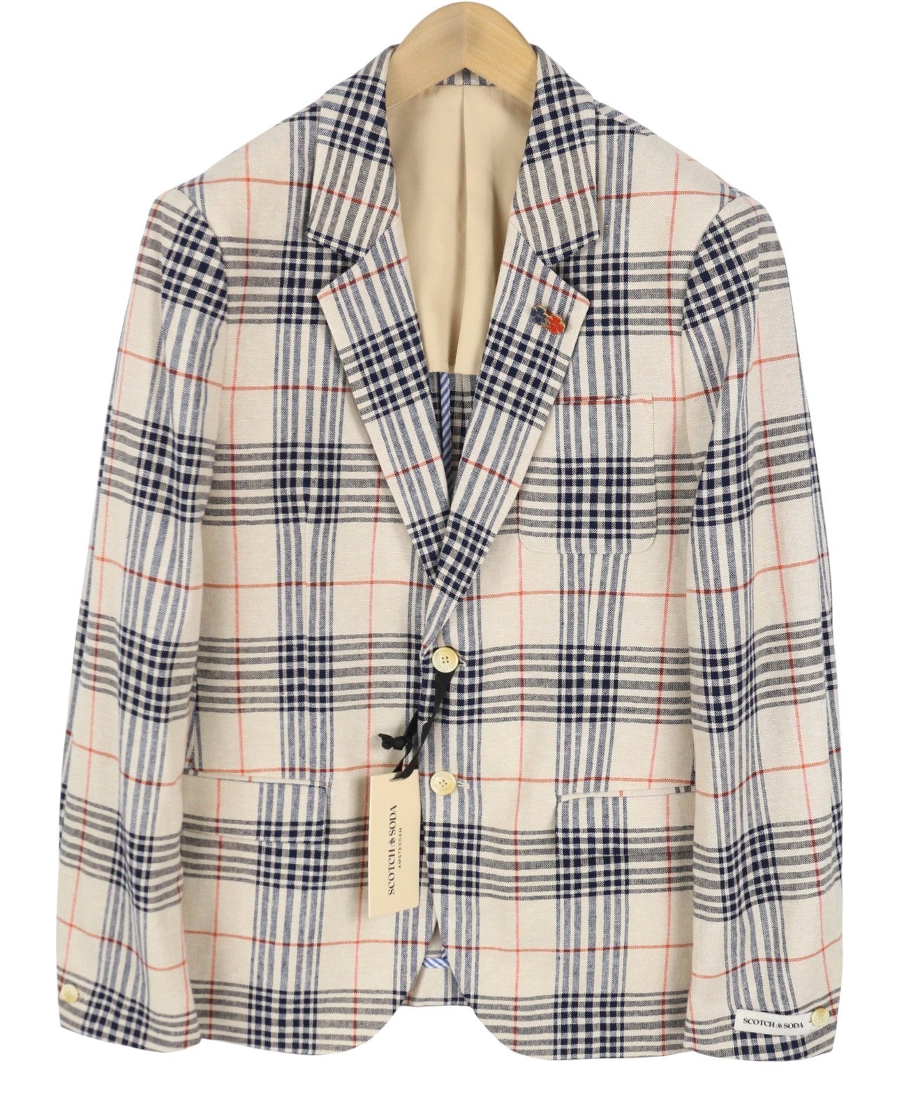 SCOTCH & SODA Men Blazer M Beige Plaid Half Lined Notch Lapel Single Breasted