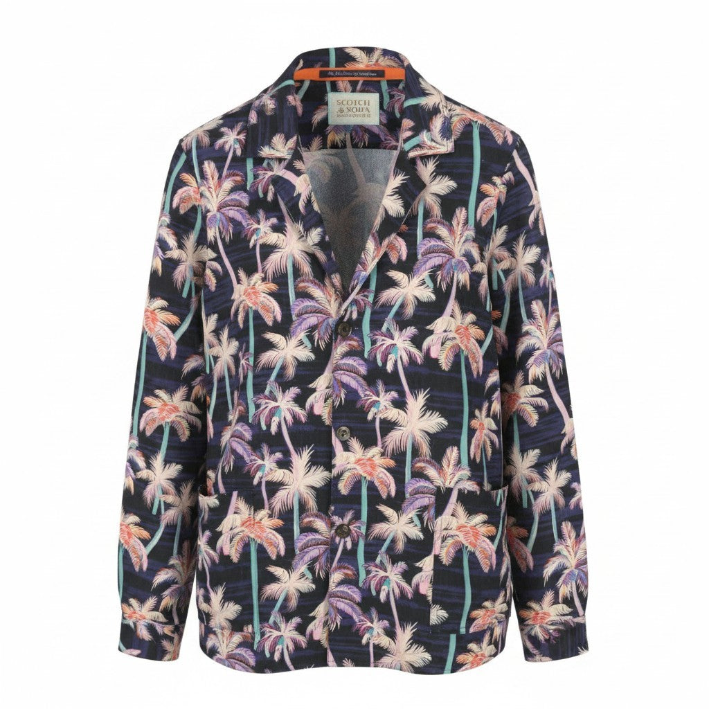 SCOTCH & SODA Men Blazer XL Dark Blue Palm Tree Print Notch Lapel Thin