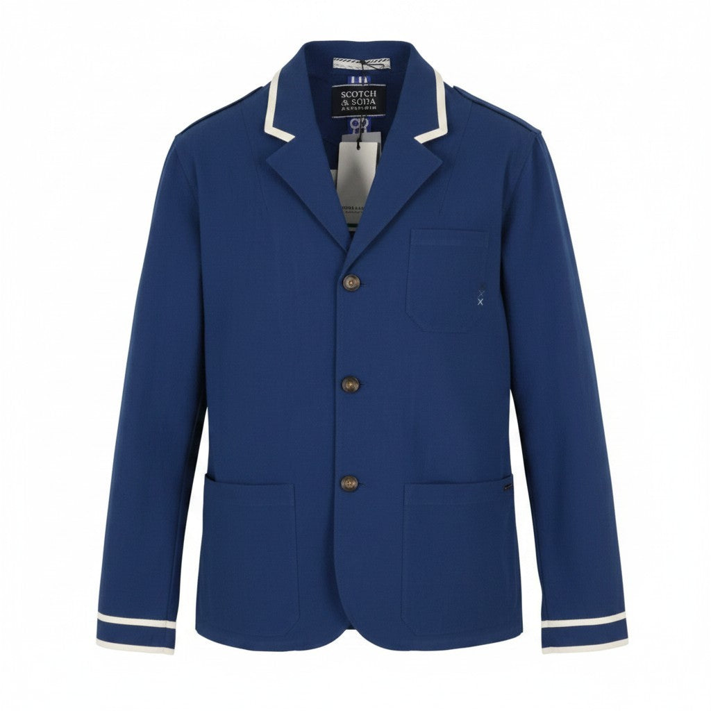 SCOTCH & SODA Men Blazer M Blue Cotton Notch Lapel Single Breasted