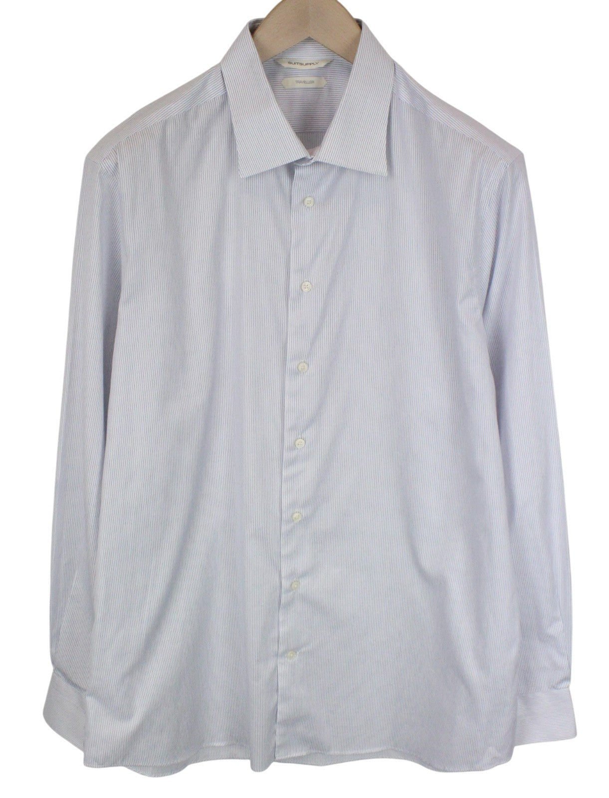 SUITSUPPLY Traveller Men Shirt 43/17 Slim White Blue Striped Pattern Pure Cotton