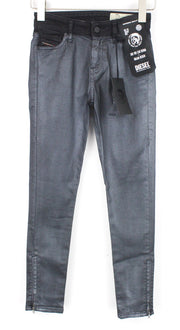 DIESEL Slandy-Zip 069GF Women Jeans W24/L30 Black Stretch Super Skinny Coated