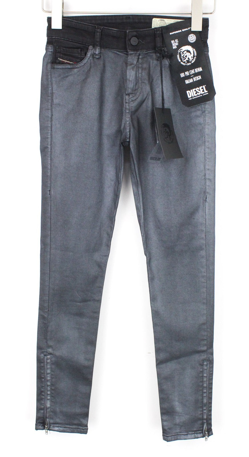 DIESEL Slandy-Zip 069GF Women Jeans W24/L30 Black Stretch Super Skinny Coated