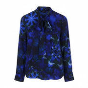 DESIGUAL Kency Women's Blouse M Blue Tie-Dye Bow Collar Long Sleeve Shirt