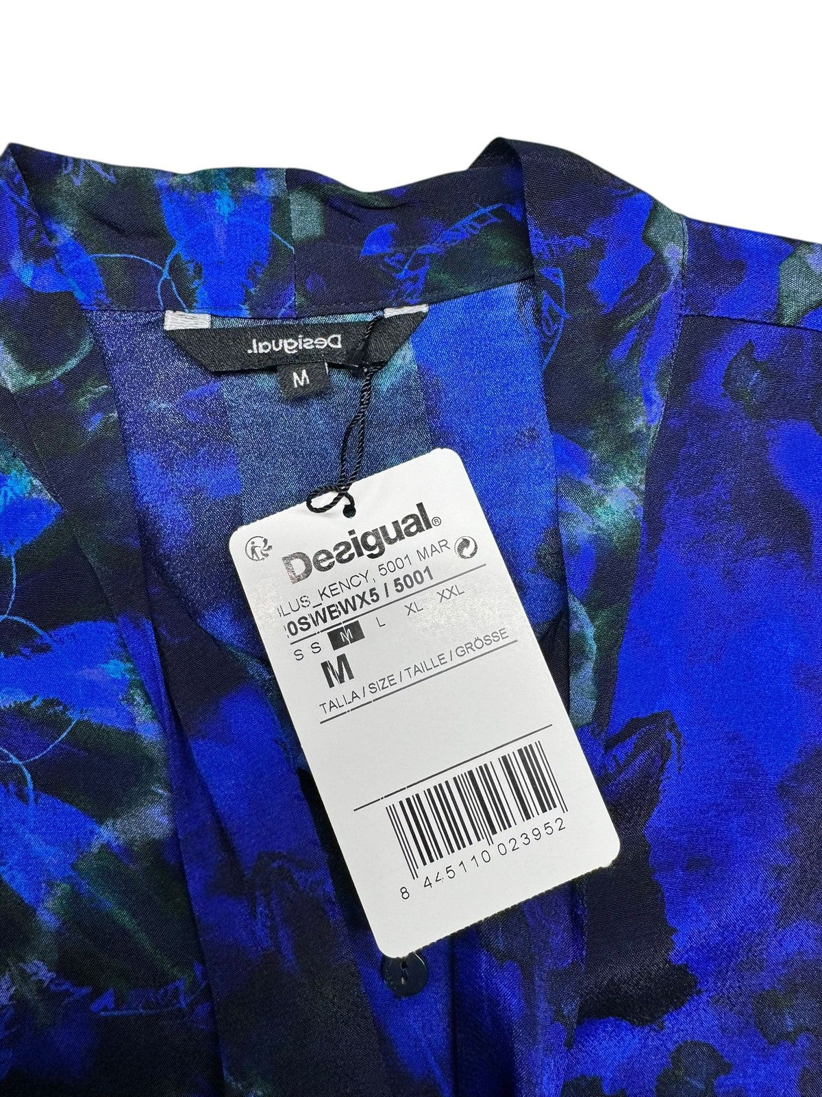 DESIGUAL Kency Women's Blouse M Blue Tie-Dye Bow Collar Long Sleeve Shirt