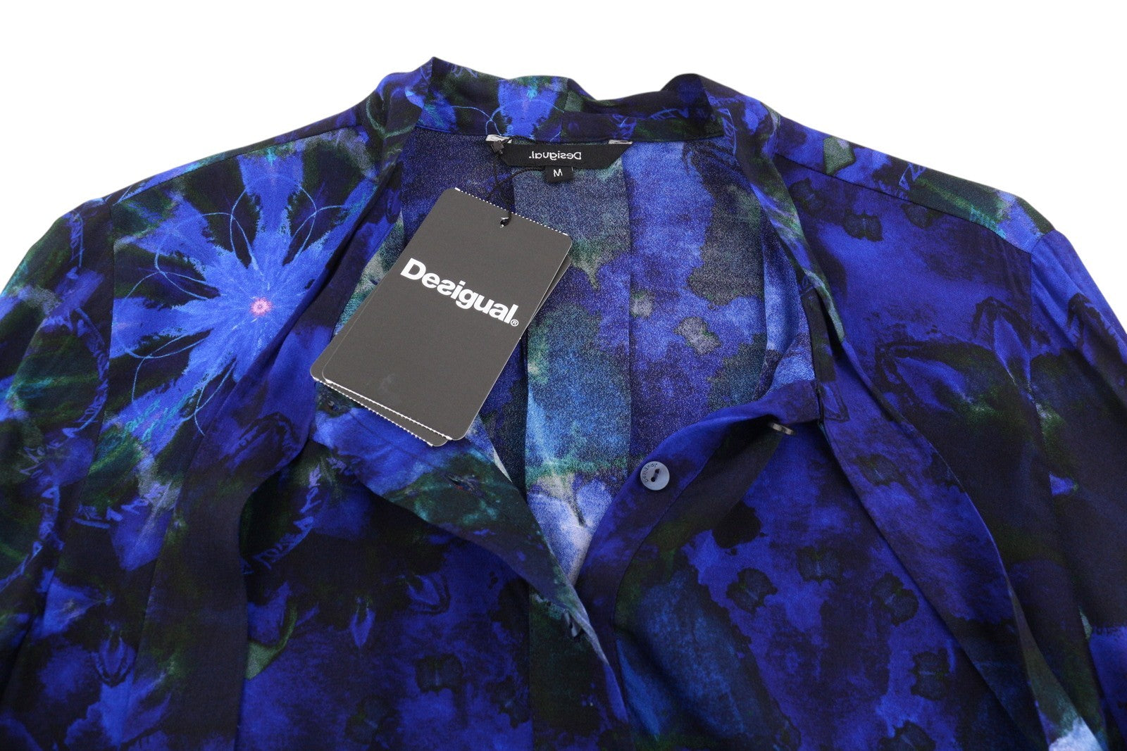 DESIGUAL Kency Women's Blouse M Blue Tie-Dye Bow Collar Long Sleeve Shirt