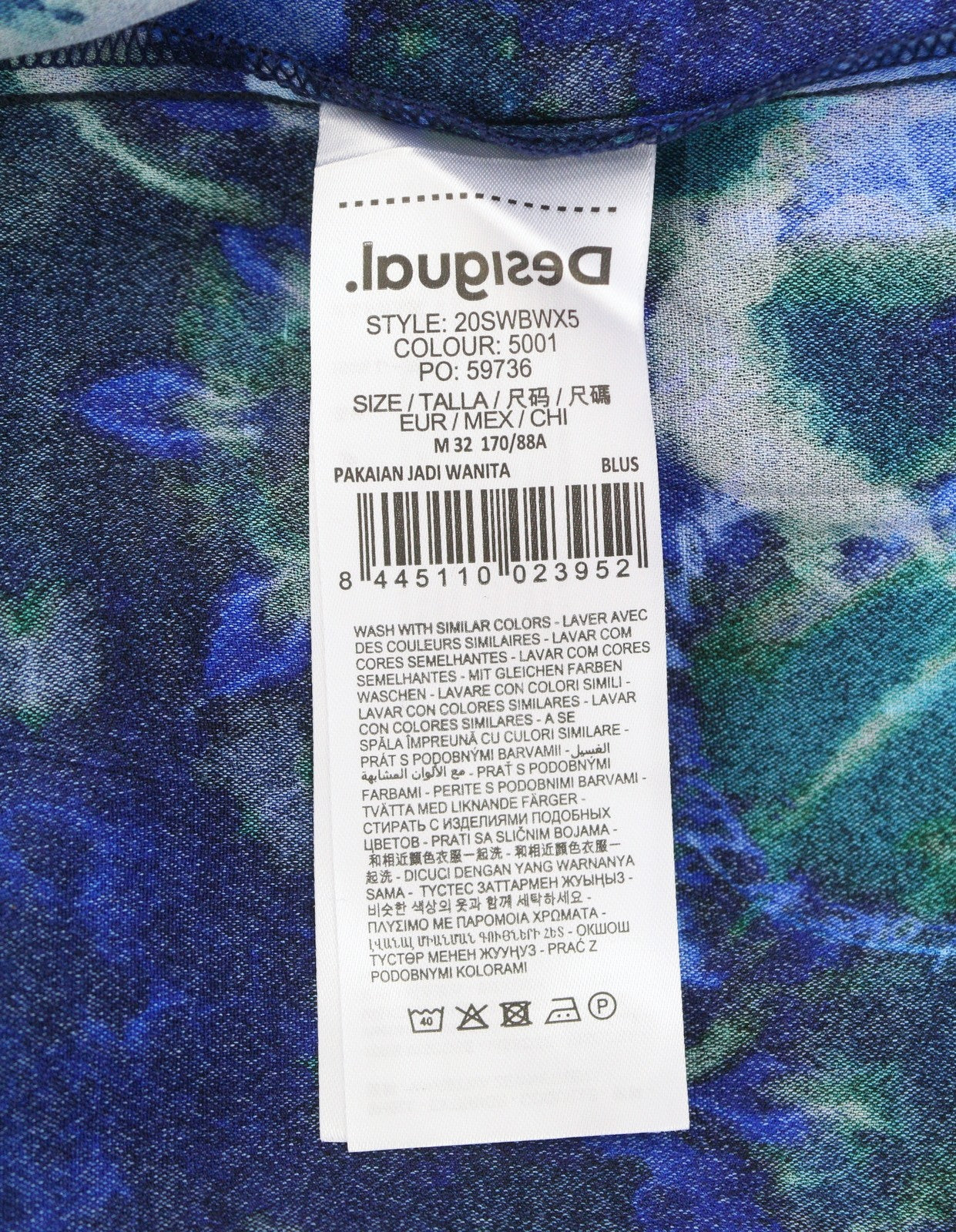 DESIGUAL Kency Women's Blouse M Blue Tie-Dye Bow Collar Long Sleeve Shirt