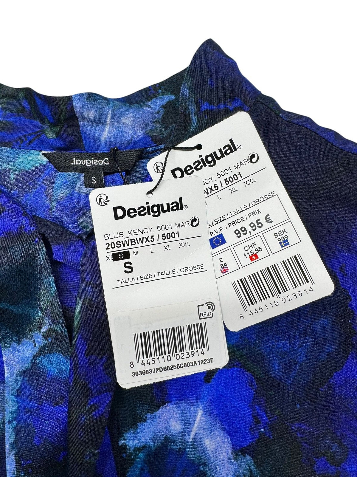 DESIGUAL Kency Women's Blouse S Blue Tie-Dye Bow Neck Long Sleeve Top