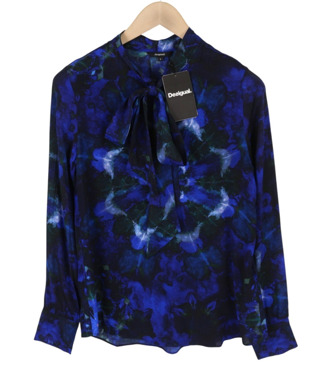 DESIGUAL Kency Women's Blouse S Blue Tie-Dye Bow Neck Long Sleeve Top