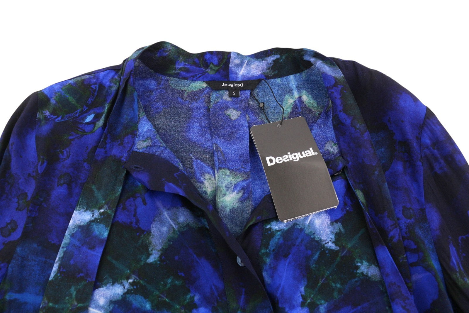 DESIGUAL Kency Women's Blouse S Blue Tie-Dye Bow Neck Long Sleeve Top