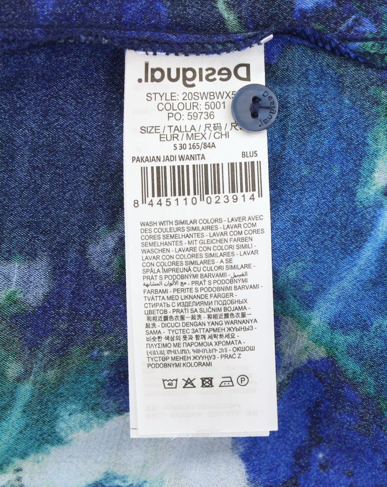 DESIGUAL Kency Women's Blouse S Blue Tie-Dye Bow Neck Long Sleeve Top
